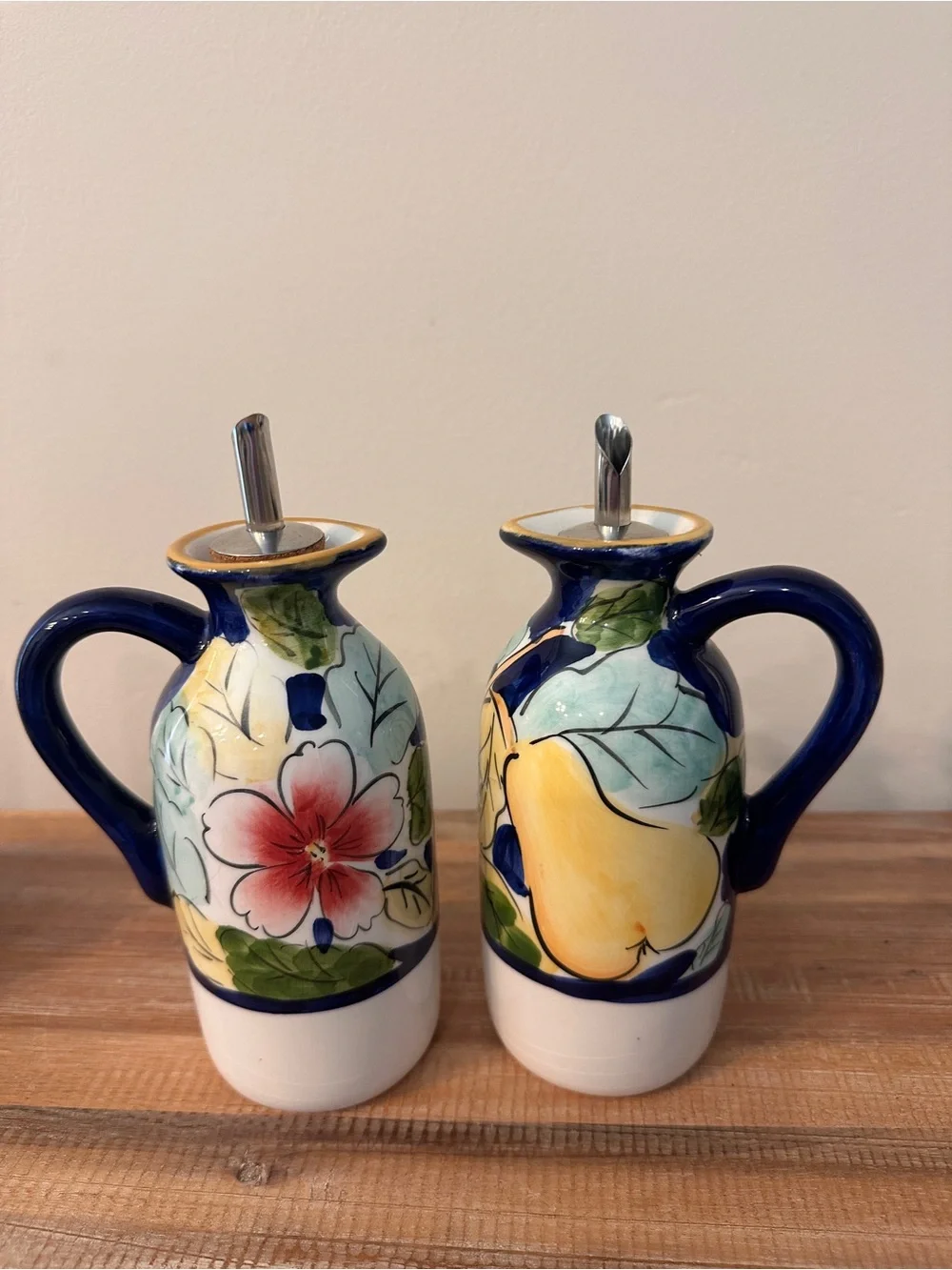 Hand Painted Oil Vinegar Salt Pepper Cruet Set Floral Fruit Caddy